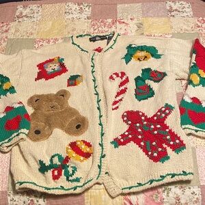 Festive Eagle’s Eye hand knot Holiday Sweater with Bear and Candy Cane M